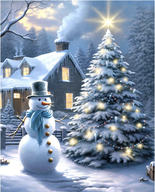 #11 Christmas Tree with snowman and house Christmas Diamond Painting 40x50