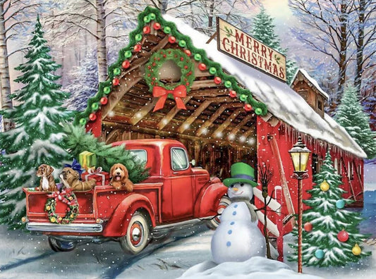 #12 Red truck on Bridge Christmas Diamond Painting 50x70